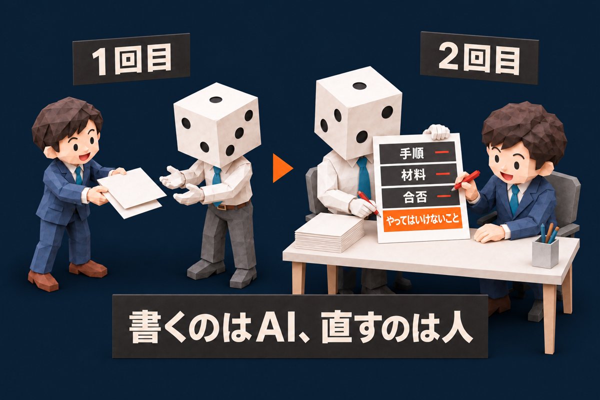 「同じ頼みが2回来たら、やり方を1枚に書かせる」を表したイラスト